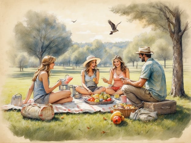 Auf dem Bild ist eine Gruppe von vier Personen zu sehen, die ein Picknick im Park genießen. Sie sitzen auf einer Decke, umgeben von einer schönen, grünen Landschaft mit Bäumen. Die Stimmung ist entspannt und fröhlich, während sie Getränke und verschiedene Früchte teilen. Diese Art von Freizeitaktivität ist beliebt im Park, da sie geselliges Beisammensein und das Genießen der Natur fördert. Zudem sind die Teilnehmer wahrscheinlich in angenehmer Unterhaltungsatmosphäre und genießen die schöne Wetterlage.