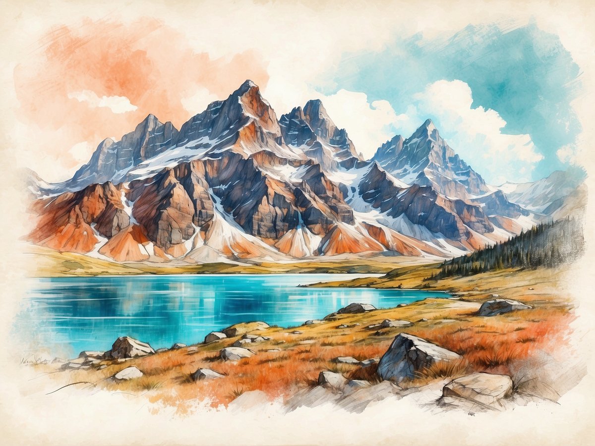 Eine malerische alpine Landschaft zeigt hohe, schneebedeckte Berge mit einer dramatischen Felsformation. Der Himmel ist teilweise bewölkt, mit sanften Farbverläufen von Blau zu Orange. Im Vordergrund befindet sich ein ruhiger, türkisfarbener See, umgeben von leuchtend orangefarbenem Gras und einigen Steinen. Diese Szenerie verkörpert perfekte Bedingungen für Eisklettern, mit auffällig steilen Felswänden und frostigen Verhältnissen in den Alpen, ideal für Abenteuerlustige und Naturliebhaber.