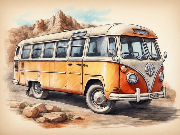 Das Bild zeigt einen orangefarbenen Volkswagen-Bus, der auf einer staubigen Straße in einer felsigen Landschaft steht. Solch ein Fahrzeug könnte perfekt für Freizeitangebote wie Roadtrips oder Campingausflüge in der Natur genutzt werden. Man könnte mit Freunden oder der Familie reisen, dabei die Landschaft genießen und an verschiedenen Orten zelten oder Picknicks veranstalten. Ideal wäre es, im Bus die Freiheit eines Abenteuers zu erleben und neue Orte zu erkunden!