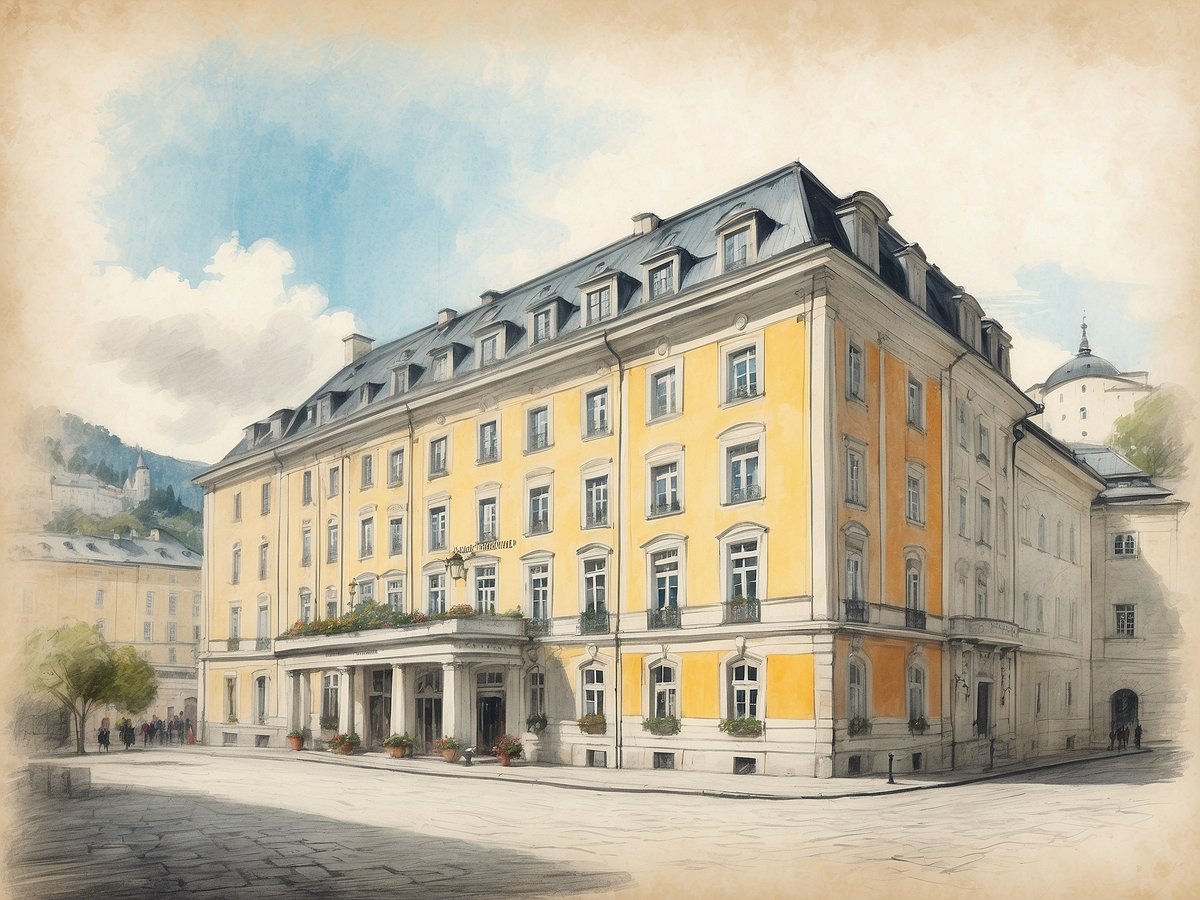 Das Bild zeigt das NH Hotels Collection Salzburg City in Österreich. Das Gebäude hat eine auffällige gelbe Fassade und ist im historischen Stil errichtet. Vor dem Hotel sind blühende Blumenkübel platziert, und die Fenster sind mit Vordächern ausgestattet. Ein kleiner Platz vor dem Hotel bietet Platz für Passanten, die die Architektur bewundern. Im Hintergrund sind Berge und ein Teil der Stadt zu erkennen. Die Atmosphäre wirkt einladend und charmant.