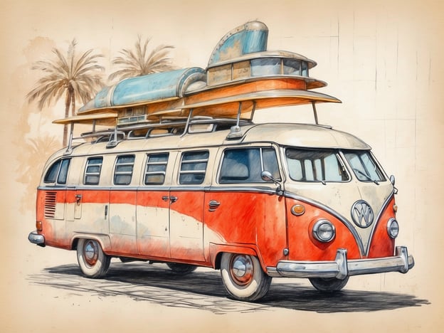 Auf dem Bild ist ein klassischer VW-Bus zu sehen, der in den Farben rot und beige gehalten ist. Auf dem Dach des Busses befinden sich drei Surfboards, die für einen Strandbesuch oder Wassersportaktivitäten bereitstehen. Im Hintergrund sind Palmen zu erkennen, was auf eine sonnige, tropische Umgebung hindeutet. Die Illustration vermittelt ein Gefühl von Freiheit und Abenteuer, typisch für die Kultur des Surfen und des Reisens.