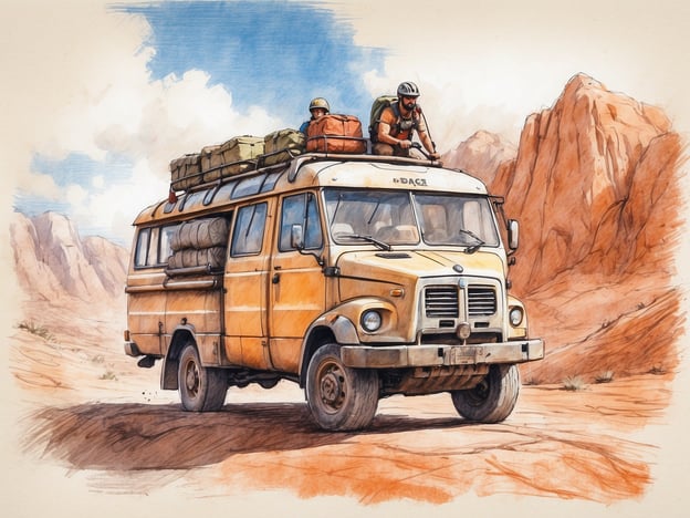 Auf dem Bild ist ein gelber Bus zu sehen, der durch eine wüstenartige Landschaft fährt. Dies weckt Assoziationen zu Freizeitangeboten wie Offroad-Abenteuer, Campingausflüge oder Roadtrips in der Natur. Ideal für Outdoor-Enthusiasten, die die Freiheit des Reisens und das Erkunden abgelegener Orte genießen möchten. Zudem könnte es für Gruppenreisen oder Expeditionsfahrten genutzt werden.