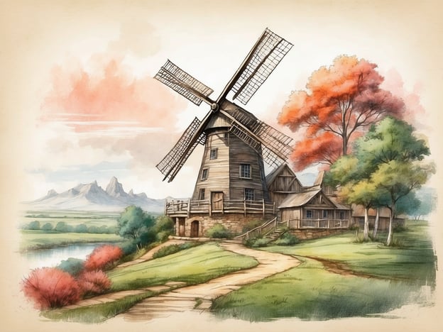 Auf dem Bild ist eine stilisierte Darstellung einer typischen Windmühle zu sehen, umgeben von einer malerischen Landschaft mit sanften Hügeln, Bäumen in verschiedenen Farben und einem ruhigen Gewässer im Vordergrund. Die Windmühle, aus Holz gebaut, steht im Mittelpunkt der Szene und strahlt eine rustikale, ländliche Atmosphäre aus.

Wenn man den Roompot Park - Moulin de l