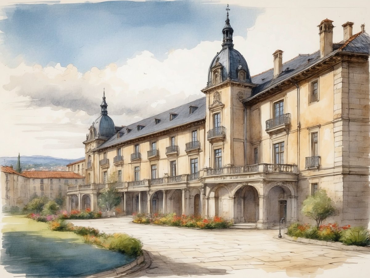 Das Bild zeigt das NH Hotels Collection in Santiago de Compostela, Spanien. Es handelt sich um ein historisches Gebäude mit einer eleganten Fassade, das von klassischen Architekturmerkmalen geprägt ist. Die detaillierten Balkone und die markanten Dächer verleihen der Struktur einen majestätischen Charakter. Um das Gebäude herum befindet sich eine gepflegte Gartenlandschaft mit bunten Blumen und grünen Pflanzen, die einen einladenden Eindruck vermitteln. Der Himmel ist hell und leicht bewölkt, was der Szenerie eine ruhige Atmosphäre verleiht.