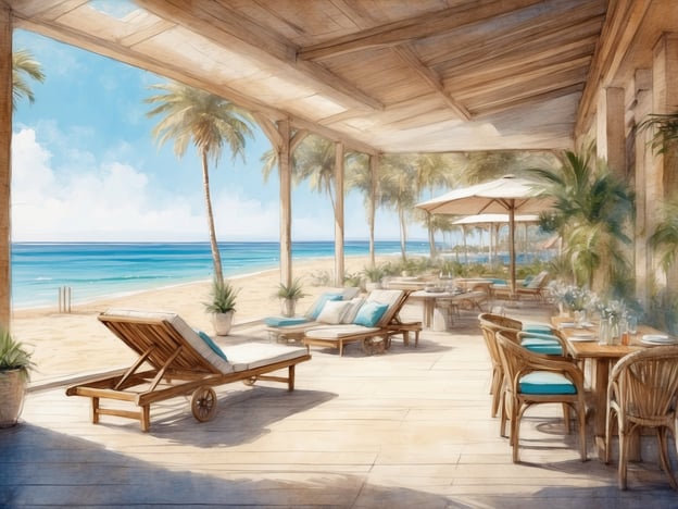 Auf dem Bild ist eine elegante Strandterrasse zu sehen, die zum Amis de la Plage Beach Club gehört. Die Terrasse ist mit bequemen Liegen und Tischen dekoriert, umgeben von Palmen und mit Blick auf den Strand und das Meer. Es herrscht eine entspannte, einladende Atmosphäre, ideal für eine Auszeit am Strand.