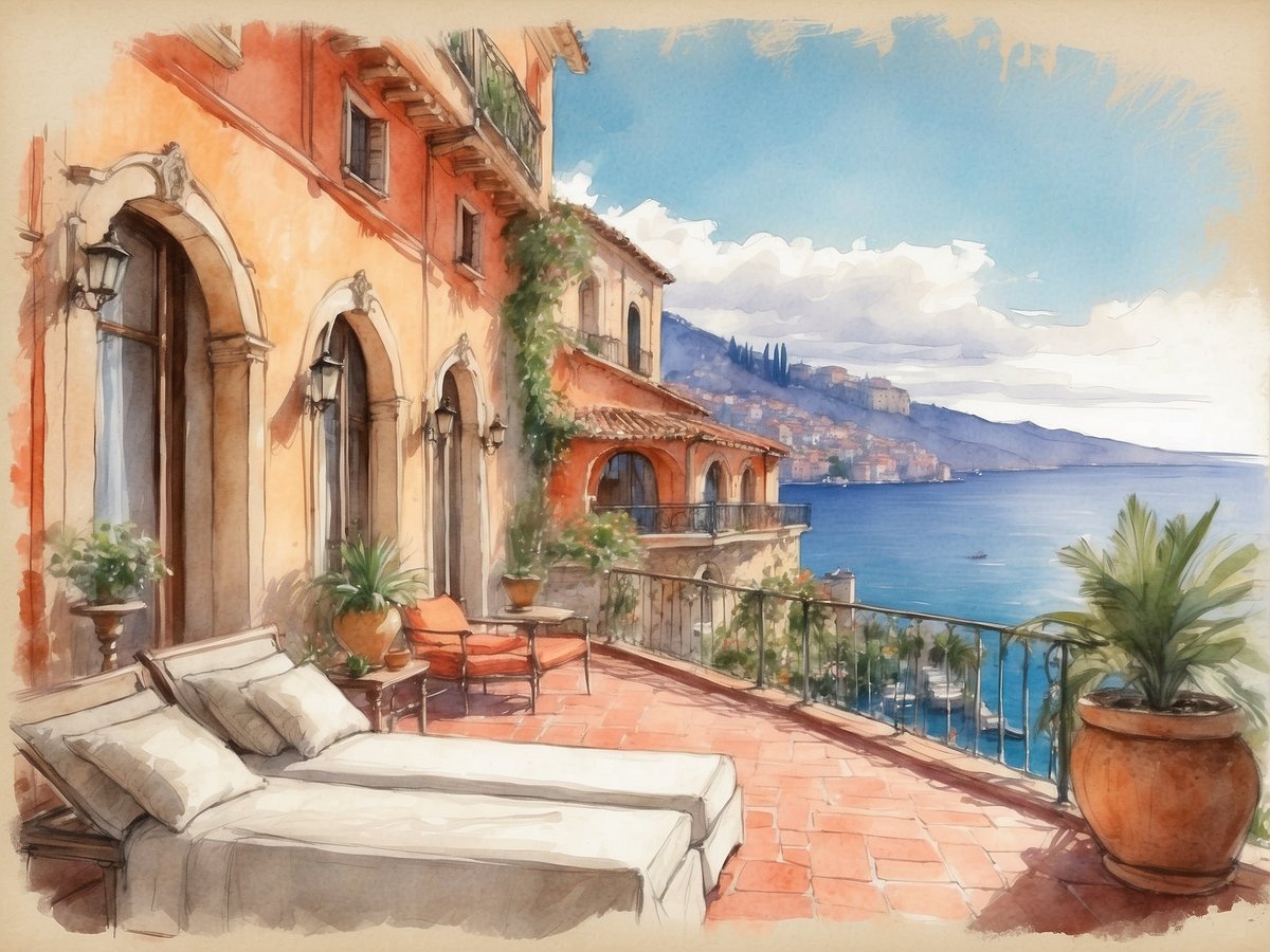 Der Blick zeigt eine stilvolle Terrasse im NH Hotels Collection Taormina, Italien. Einladende Liegen mit hellen Kissen stehen auf dem terrakottafarbenen Boden, während bequeme Sessel und Tische im Hintergrund platziert sind. Die Terrasse ist von blühenden Pflanzen und großen Töpfen umgeben. Im Hintergrund erstreckt sich eine atemberaubende Küstenlandschaft mit dem glitzernden Wasser des Mittelmeers und sanften Hügeln, auf denen charmante Gebäude stehen. Der Himmel ist teils bewölkt, was die friedliche Atmosphäre unterstreicht.