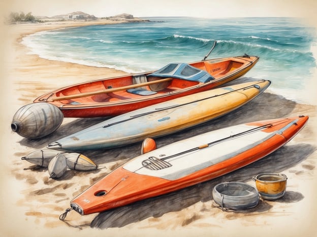 Auf dem Bild sind mehrere Boote und Kayaks am Strand zu sehen. Diese Freizeitangebote laden dazu ein, das Wasser zu erkunden und verschiedene Aktivitäten anzubieten, wie zum Beispiel Kajakfahren oder Bootsausflüge. Der Sandstrand im Hintergrund sowie die sanften Wellen schaffen eine einladende Atmosphäre für einen entspannten Tag am Wasser.