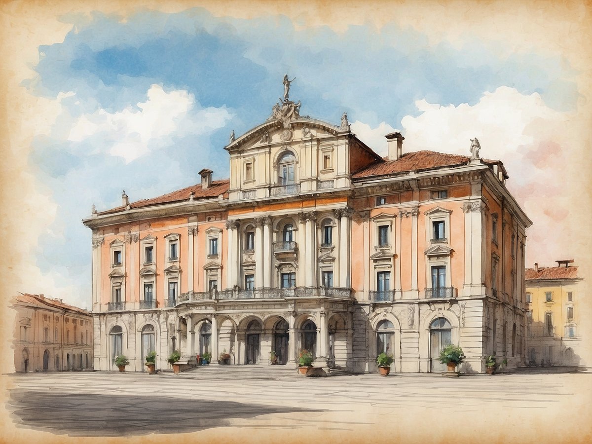 Das Bild zeigt ein historisches Gebäude in der NH Hotels Collection Torino Piazza Carlina in Italien. Die Fassade ist in sanften Farben gehalten, mit rosa und grauen Tönen. Eine elegante Treppe führt zu den Haupttüren, die von Säulen flankiert sind. Auf dem Dach befinden sich einige Skulpturen. Im Vordergrund stehen mehrere große Pflanzgefäße mit grünen Pflanzen. Der Himmel ist klar und blau, was dem Gesamteindruck eine freundliche Atmosphäre verleiht.