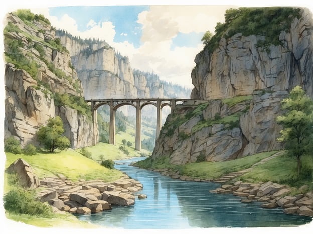 Auf dem Bild ist eine malerische Landschaft zu sehen, in der eine Brücke über einen Fluss führt, der sich durch eine Schlucht schlängelt. Die umgebenden hohen Felsen und grünen Wiesen verleihen der Szene eine beeindruckende Naturschönheit. 

In der Umgebung könnte man Aktivitäten wie Wandern oder Radfahren genießen, da solche Gebiete oft gut ausgebaute Wege haben. Zudem wären Bootsfahrten auf dem Fluss oder das Erkunden der umliegenden Natur ebenfalls sehr reizvoll. Solche Landschaften sind oft auch ideal für Fotografie und Picknicks, um die herrliche Aussicht zu genießen. Möglicherweise gibt es in der Nähe auch Sehenswürdigkeiten wie alte Burgen oder Aussichtspunkte, die einen Blick auf die beeindruckende Landschaft bieten.