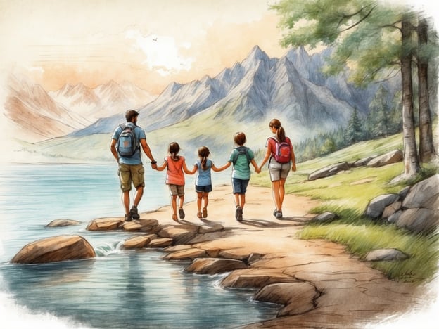 Auf dem Bild ist eine Familie zu sehen, die in der Natur wandert. Sie gehen entlang eines malerischen Weges, der sich am Ufer eines Sees erstreckt. Im Hintergrund sind majestätische Berge zu sehen, die in sanften, pastellfarbenen Tönen dargestellt sind. Die Familie, bestehend aus einem Erwachsenen und mehreren Kindern, hält Händchen und scheint die gemeinsame Zeit im Freien zu genießen.

**Überblick über Roompot Park - Peneyrals:**
Roompot Park - Peneyrals bietet eine idyllische Umgebung inmitten der Natur und ist ideal für Familien. Der Park liegt in der Nähe von Bergen und Gewässern, was viele Aktivitäten im Freien ermöglicht, wie Wandern, Radfahren und Wassersport. Die und die enge Verbindung zur Natur schaffen eine entspannte Atmosphäre, perfekt für einen Familienurlaub.