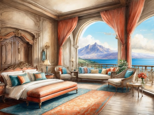 Auf dem Bild ist ein luxuriöses Schlafzimmer mit einem atemberaubenden Ausblick zu sehen. Die Unterkunft bietet ein großes, bequemes Bett mit reichhaltigen Kissen und einer eleganten Bettdecke. Es gibt auch eine gemütliche Sitzecke mit einem Sofa und einem Sessel, die mit farbigen Kissen dekoriert sind. 

Die großen Fenster ermöglichen einen Blick auf die Berge und das Wasser, was die Gesamtatmosphäre des Raumes noch entspannender macht. Annehmlichkeiten wie stilvolle Lampen und kunstvolle Gardinen verleihen dem Raum einen klassischen Charme. Der Boden ist mit einem schönen Teppich bedeckt, der dem Raum eine weitere dekorative Note verleiht.