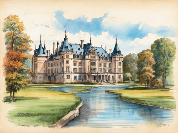 Auf dem Bild ist ein prächtiges Schloss oder eine Villa zu sehen, umgeben von einem schön gestalteten Garten und einem ruhigen Gewässer. In der Umgebung könnten interessante Ausflugsziele wie Burgen, historische Stätten oder Naturparks liegen. Beispiele könnten das Schloss Neuschwanstein in Bayern oder das Schloss Hohenzollern in Baden-Württemberg sein, die beide für ihre beeindruckende Architektur und malerischen Landschaften bekannt sind. Auch botanische Gärten oder Wanderwege in der Nähe könnten attraktive Ziele für Besucher sein.