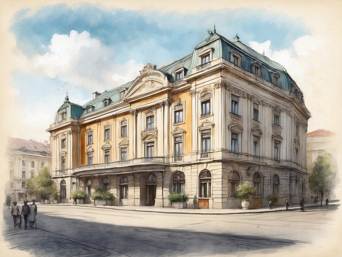 Das Bild zeigt das NH Hotels Collection Wien Zentrum in Österreich. Es handelt sich um ein elegantes historisches Gebäude mit einer beeindruckenden Fassade, die aus einer Kombination von hellen und dunklen Farbtönen besteht. Die Dachkonstruktion ist mit grünen Ziegeln gedeckt, während die Fenster mit dekorativen Rahmen versehen sind. Vor dem Gebäude sind Bäume und Pflanzen in großen Töpfen angeordnet. Auf dem Platz sind einige Personen zu sehen, die spazieren gehen. Der Himmel ist blau mit wenigen Wolken, was dem Bild eine angenehme Atmosphäre verleiht.