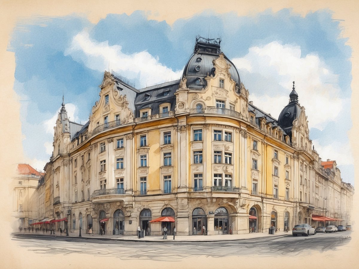 Die bildliche Darstellung zeigt das NH Hotel in Dresden Neustadt, Deutschland. Das elegante Gebäude mit einer markanten Fassade vereint historische Architektur mit modernen Elementen. Die Fenster sind groß und hell, während die Fassade in sanften Gelbtönen gehalten ist. Das Dach ist mit charakteristischen Erkern und Türmchen verziert. Im Vordergrund sind Straßen mit Autos und Passanten zu sehen, während vor dem Hotel rote Sonnenschirme auf den Gehwegen stehen und ein einladendes Ambiente schaffen. Der Himmel ist blau mit vereinzelten Wolken, was das Gesamtbild hell und freundlich erscheinen lässt.