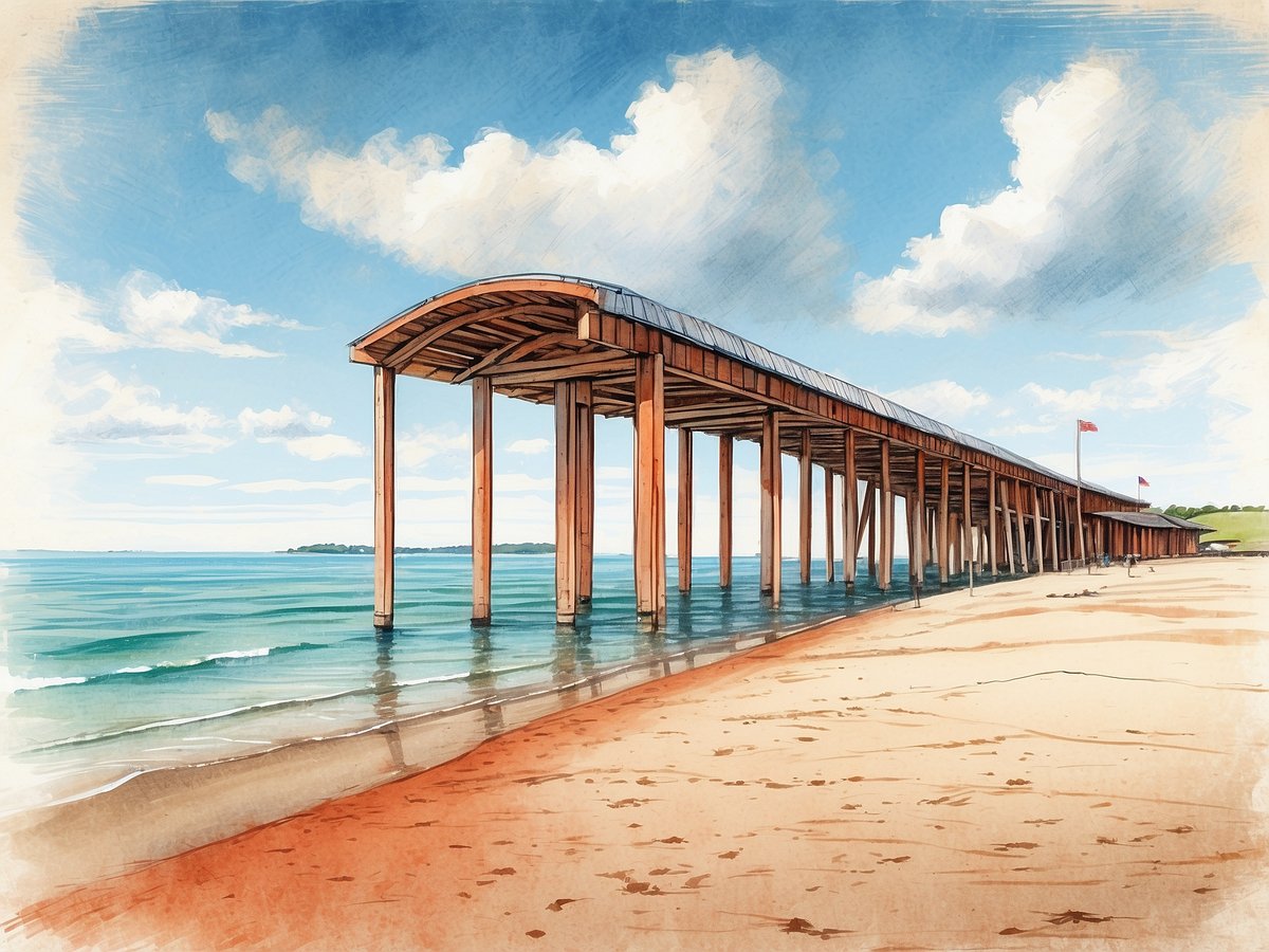 Ein Holzsteg erstreckt sich über das Wasser, gestützt von mehreren Pfosten. Der Steg hat ein geschwungenes Dach und ist bei schönem Wetter unter einem blauen Himmel mit einzelnen Wolken zu sehen. Am Ufer erstreckt sich feiner Sandstrand, der sanft ins Wasser übergeht. Im Hintergrund sind ruhige Wasserflächen und grüne Hügel zu erkennen.