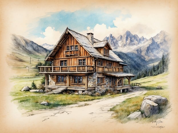 Auf dem Bild ist ein malerisches Holzhaus zu sehen, das in einer schönen, bergigen Landschaft steht. Das Gebäude hat einen rustikalen Charakter und könnte an die architektonischen Stile erinnern, die in Regionen wie Reinhardtsdorf-Schöna zu finden sind. Diese Gegend ist bekannt für ihre historischen Gebäude und die Integration von Natur und Architektur. Das Haus könnte als Beispiel für die traditionelle Bauweise dienen, die stark an die wunderschöne Umgebung angepasst ist. Die Berge im Hintergrund und die sanften Wiesen schaffen eine harmonische und idyllische Atmosphäre, die typisch für solche ländlichen Regionen ist.