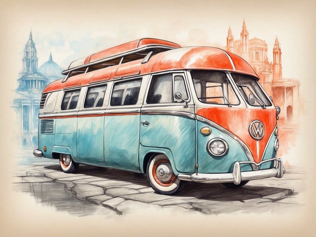 Auf dem Bild ist ein bunt gestalteter Volkswagen-Bus zu sehen. Der Bus hat eine markante Farbgebung in Blau und Orange und zeigt typische Designmerkmale aus der Zeit, als diese Modelle populär waren. Im Hintergrund sind architektonische Elemente, die an eine städtische Umgebung erinnern, angedeutet. Die Darstellung wirkt wie eine künstlerische Zeichnung, die die Nostalgie und den Charme dieses klassischen Fahrzeugs einfängt.