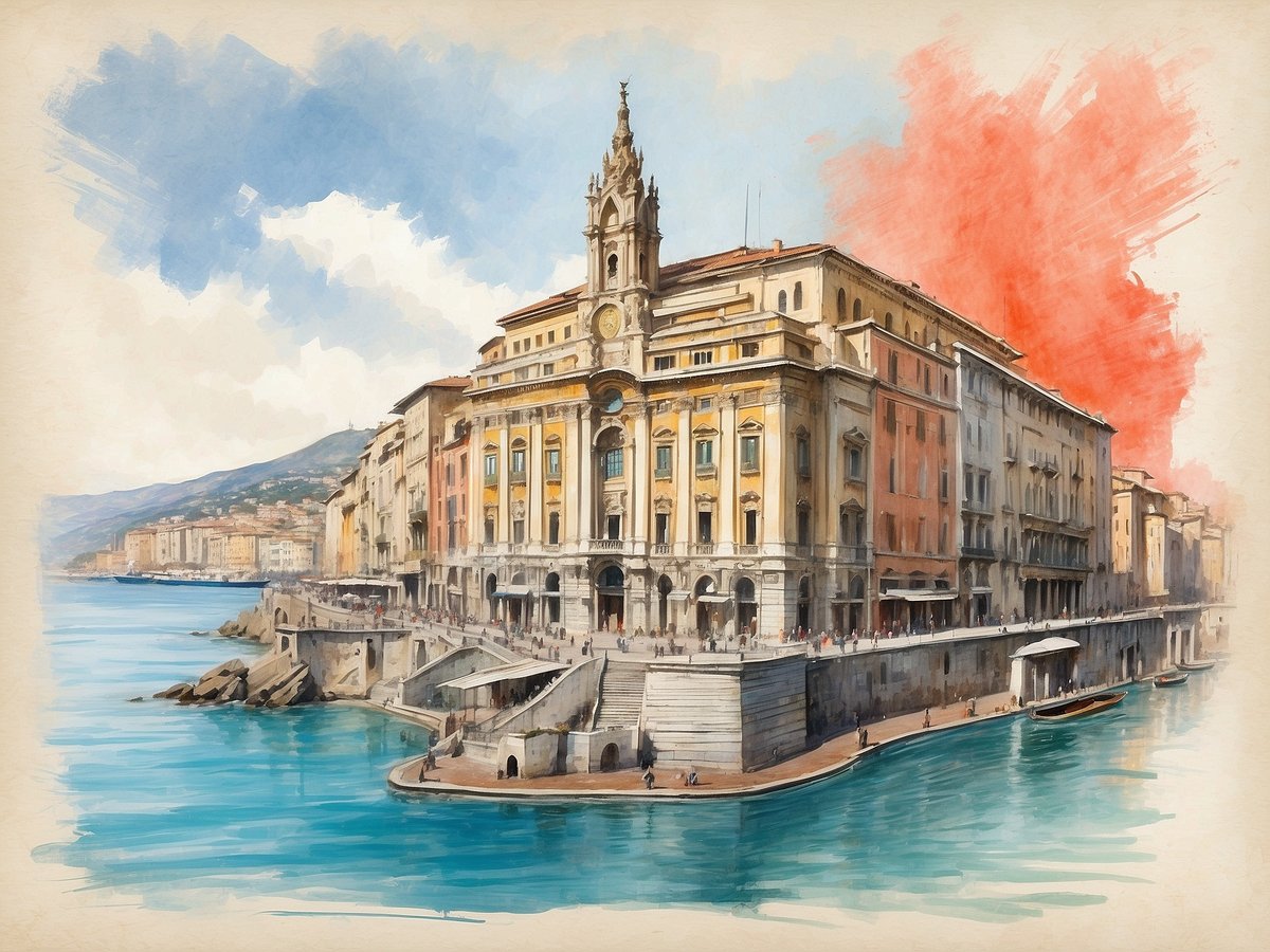 Das Bild zeigt das NH Hotels Genova Centro in Italien, ein historisches Gebäude am Wasser, das mit seiner beeindruckenden Fassade und der zentralen Uhr im oberen Bereich auffällt. Vor dem Hotel verlaufen eine Promenade und eine Treppe, die zum Hafen führt. Das Wasser ist in verschiedenen Blau- und Türkistönen abgebildet, und im Hintergrund sind sanfte Hügel und weitere Gebäude zu sehen. Der Himmel ist teils bewölkt, mit vereinzelten blauen Stellen, und im oberen Teil des Bildes ist ein kreatives Farbspiel in roten Tönen zu erkennen. Es sind auch einige Menschen dargestellt, die sich auf der Promenade bewegen.