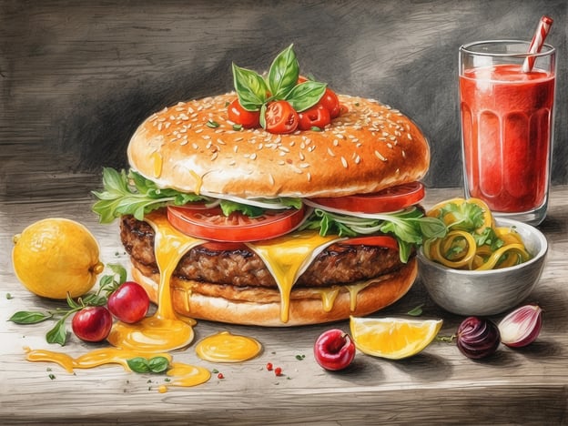 Auf dem Bild ist ein ansprechender Hamburger zu sehen, der mit frischen Zutaten wie Tomaten, Salat und geschmolzenem Käse belegt ist. Daneben gibt es eine Portion von fruchtigen Beilagen sowie ein Getränk, das möglicherweise ein erfrischender Saft ist. 

Im ROBINSON CLUB CABO VERDE werden kulinarische Genüsse großgeschrieben. Hier können die Gäste eine Vielzahl von Speisen erleben, von internationaler Küche bis zu lokalen Spezialitäten, die alle frisch zubereitet werden. Das Angebot reicht von herzhaften Grillgerichten bis zu leichten Salaten und verschiedenen Desserts, sodass für jeden Geschmack etwas dabei ist.