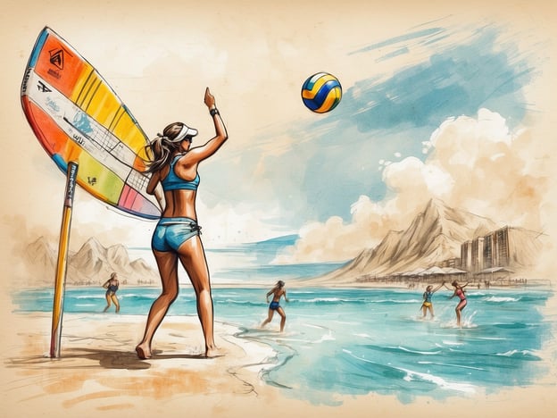 Auf dem Bild ist eine Szene am Strand zu sehen, die Freizeitaktivitäten wie Windsurfen und Beachvolleyball zeigt. Im ROBINSON CLUB CABO VERDE kann man ähnliche Aktivitäten genießen. Hier können Gäste Windsurfen, Beachvolleyball spielen und sich an verschiedenen Wassersportarten erfreuen, während sie die wunderschöne Küstenlandschaft und das angenehme Klima genießen. Der Club bietet eine Vielzahl von sportlichen und entspannenden Möglichkeiten, um den Aufenthalt zu einem unvergesslichen Erlebnis zu machen.