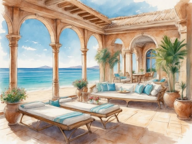 Auf dem Bild ist eine malerische Terrasse mit Aussicht auf das Meer zu sehen. Die Architektur ist von einer mediterranen Stilrichtung geprägt, mit Säulen und großen Fenstern, die viel Licht hereinlassen. Auf der Terrasse befinden sich bequeme Liegen und ein Sofa mit dekorativen Kissen, umgeben von Pflanzen und blühenden Blumen.

Der ROBINSON CLUB CALA SERENA bietet eine entspannende Urlaubsatmosphäre mit direktem Zugang zum Strand, luxuriösen Annehmlichkeiten und einer schönen Landschaft. Gäste können hier in einer idyllischen Umgebung entspannen, zahlreiche Freizeitaktivitäten genießen und die mediterrane Küche erleben.