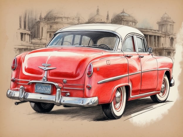 Auf dem Bild ist ein klassisches rotes Auto zu sehen, vermutlich aus den 1950er Jahren. Solche Oldtimer bringen nostalgische Gefühle auf und sind bei vielen Autofans sehr beliebt. 

Wenn du ein Fan von Retro-Fahrzeugen bist, könntest du an einer Oldtimerausfahrt oder einem Automobil-Museum in deiner Nähe teilnehmen. Viele Städte bieten auch spezielle Events, bei denen du solche Fahrzeuge bestaunen und vielleicht sogar mitfahren kannst. Das wäre eine großartige Gelegenheit, mit anderen Enthusiasten ins Gespräch zu kommen und die Faszination für klassische Autos zu teilen! 

Außerdem könnte ein Ausflug zu einem Landschaftsparcours, wie einer malerischen Küstenstraße oder durch eine historische Altstadt, ein perfektes Erlebnis sein. Stell dir vor, wie viel Spaß es macht, mit einem solchen Auto durch die schönen Landschaften zu cruisen!