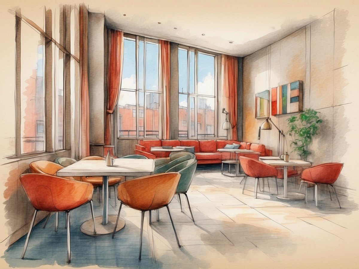 Eine helle und einladende Lounge im NH Hotels Groningen in den Niederlanden mit großen Fenstern, die Tageslicht hereinlassen. Bunte Stühle in Orange und Grün umringen elegante Tischgruppen, während eine auffällige rote Couch den Raum ergänzt. An den Wänden hängen moderne Kunstwerke, und eine Pflanzensteckdose sorgt für eine frische Atmosphäre. Die Gesamtgestaltung vermittelt eine gemütliche und entspannte Umgebung.