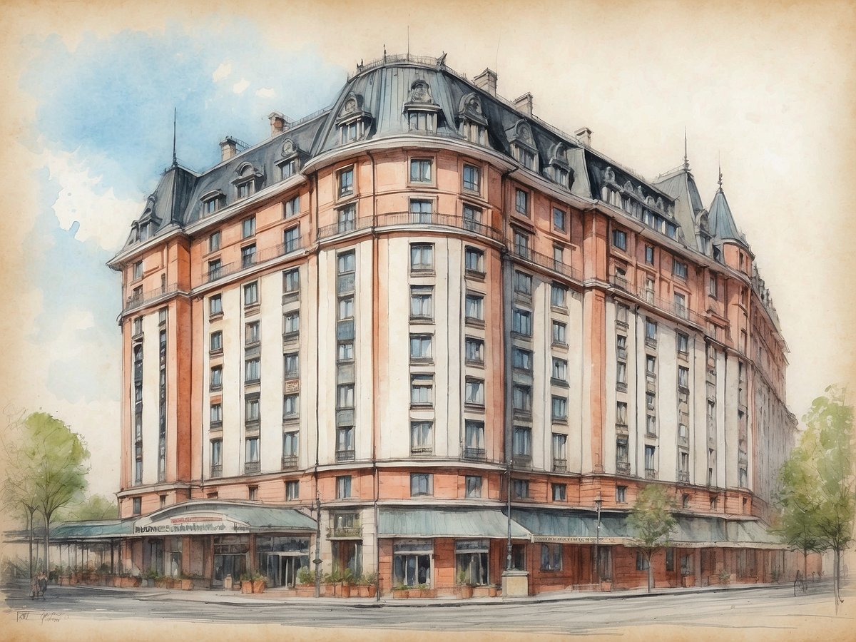 Das Bild zeigt das NH Hotel Hamburg Horner Rennbahn in einem künstlerischen Aquarellstil. Das Gebäude hat eine elegante Fassade mit einem Mix aus roten und weißen Elementen, verziert mit Fensterbänken und Erkern. Auf der linken Seite befindet sich der Eingangsbereich mit einem überdachten Eingangsbereich und Pflanzen, die das Ambiente auflockern. Der Himmel ist hell und dient als sanfter Hintergrund, während die Gestaltung des Bildes eine ruhige und einladende Atmosphäre vermittelt.