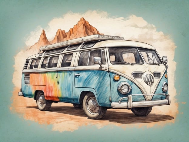 Auf dem Bild ist ein bunter Volkswagen-Bus zu sehen. Man könnte sich vorstellen, dass er für einen Roadtrip genutzt wird. Aktivitäten, die man damit durchführen könnte, sind das Campen in der Natur, Ausflüge durch die Berge oder einfaches Reisen mit Freunden. Der Bus könnte auch als Treffpunkt für ein gemütliches Picknick dienen oder als Hintergrund für ein Fotoshooting während eines entspannenden Wochenendausflugs.