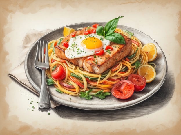 Auf dem Bild ist ein ansprechend angerichteter Teller mit Pasta zu sehen. Die Spaghetti sind bunt, und darauf befindet sich ein Stück Fisch, das mit einem Spiegelei, frischen Kräutern und Tomaten garniert ist. Dazu sind Zitronenscheiben platziert, die dem Gericht eine frische Note verleihen. Insgesamt wirkt das Gericht sehr appetitlich und harmonisch.