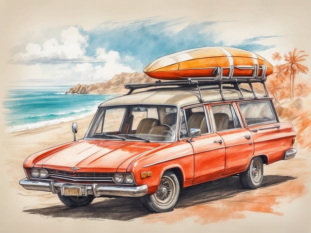 Auf dem Bild sieht man ein rotes Auto mit einem Surfbrett auf dem Dach, das an einem Strand geparkt ist. Diese Szene vermittelt ein Gefühl von Urlaub und Abenteuer. Aktivitäten, die man mit diesem Auto verbinden könnte, sind:

- Surfen im Meer
- Ein Picknick am Strand
- Eine Autofahrt entlang der Küste
- Strandspaziergänge
- Entspannen unter Palmen

Es strahlt eine entspannte Atmosphäre aus, die zu Freizeitaktivitäten am Wasser einlädt.