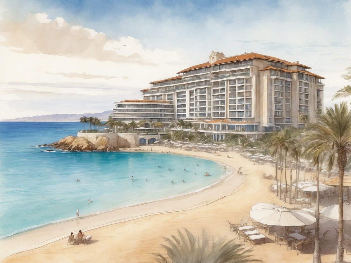 Das Bild zeigt das NH Hotels Imperial Playa in Spanien, ein modernes Hotel direkt am Strand. Im Vordergrund ist eine sanfte Sandbucht mit Sonnenliegen und Sonnenschirmen zu sehen. Das klare, türkisfarbene Wasser lädt zum Schwimmen ein, während einige Gäste im Wasser relaxen. Das Hotelgebäude erhebt sich majestätisch im Hintergrund, umgeben von Palmen, und strahlt eine einladende Atmosphäre aus. Der Himmel ist hell und bewölkt, was dem Bild eine ruhige, mediterrane Stimmung verleiht.