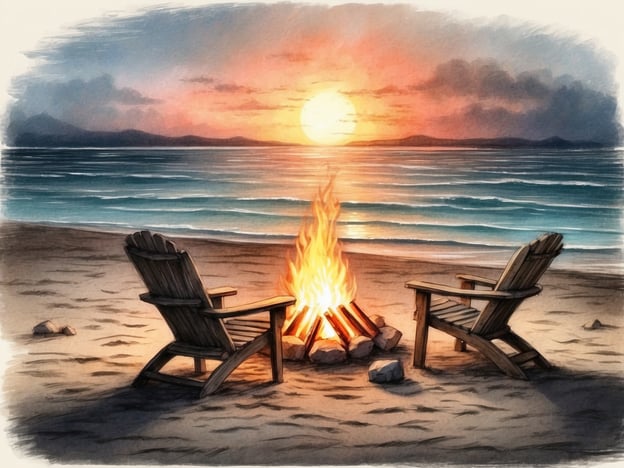 Auf dem Bild sind zwei Liegestühle am Strand zu sehen, die rund um ein Lagerfeuer angeordnet sind. Es ist Sonnenuntergang, und die Farben des Himmels verleihen der Szene eine entspannende Atmosphäre. 

Mögliche Aktivitäten und Unterhaltungsmöglichkeiten in dieser Umgebung könnten sein:

1. **Lagerfeuergeschichten erzählen:** Eine gemütliche Runde von Freunden, die Geschichten oder Anekdoten austauschen.
2. **S