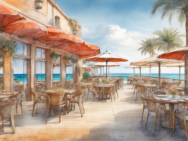 Auf dem Bild ist eine Terrasse eines Restaurants zu sehen, wahrscheinlich im ROBINSON CLUB KYLLINI BEACH. Die Terrasse ist mit Holztischen und -stühlen ausgestattet, die von roten Sonnenschirmen beschattet werden. Im Hintergrund sieht man das Meer, das eine entspannende Atmosphäre schafft. Es gibt Blumen auf den Tischen, was dem Ort eine einladende Note verleiht. Der Ort scheint ideal für ein Essen im Freien zu sein, um die mediterrane Küche zu genießen und den Blick auf die Küste zu genießen.