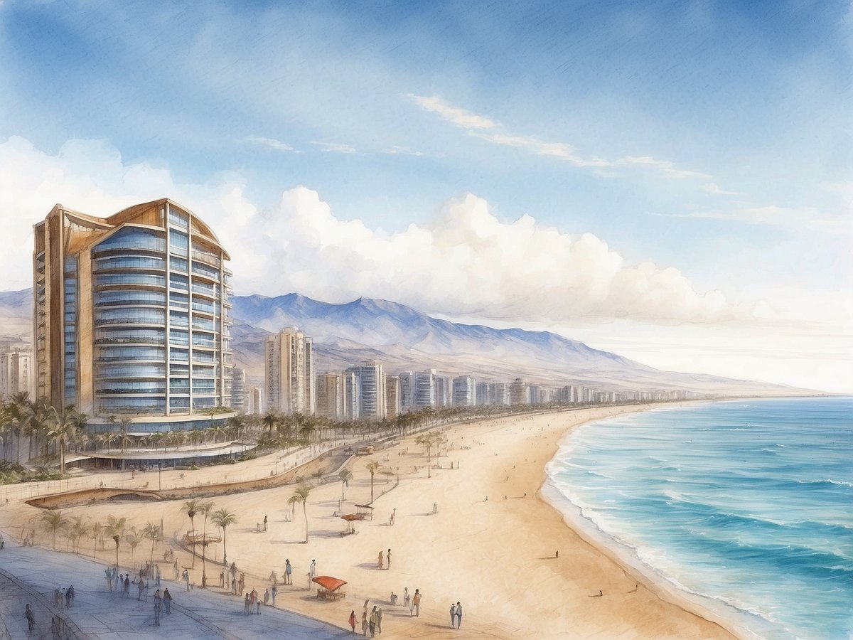 Das Bild zeigt eine künstlerische Darstellung des NH Hotels in Iquique, Chile, direkt am Meer. Im Vordergrund erstreckt sich ein schöner Sandstrand mit vielen Menschen, die sich entlang der Küste bewegen. Rechts ist das klare blaue Wasser des Ozeans zu sehen, während links die Palmen eine tropische Atmosphäre schaffen. Im Hintergrund befinden sich moderne Hochhäuser und die markante Architektur des NH Hotels, das mit großen Glasfassaden und einem auffälligen Dach gestaltet ist. Hinter den Gebäuden erheben sich sanfte, bewaldete Berge unter einem hellen, blauen Himmel mit einigen Wolken.