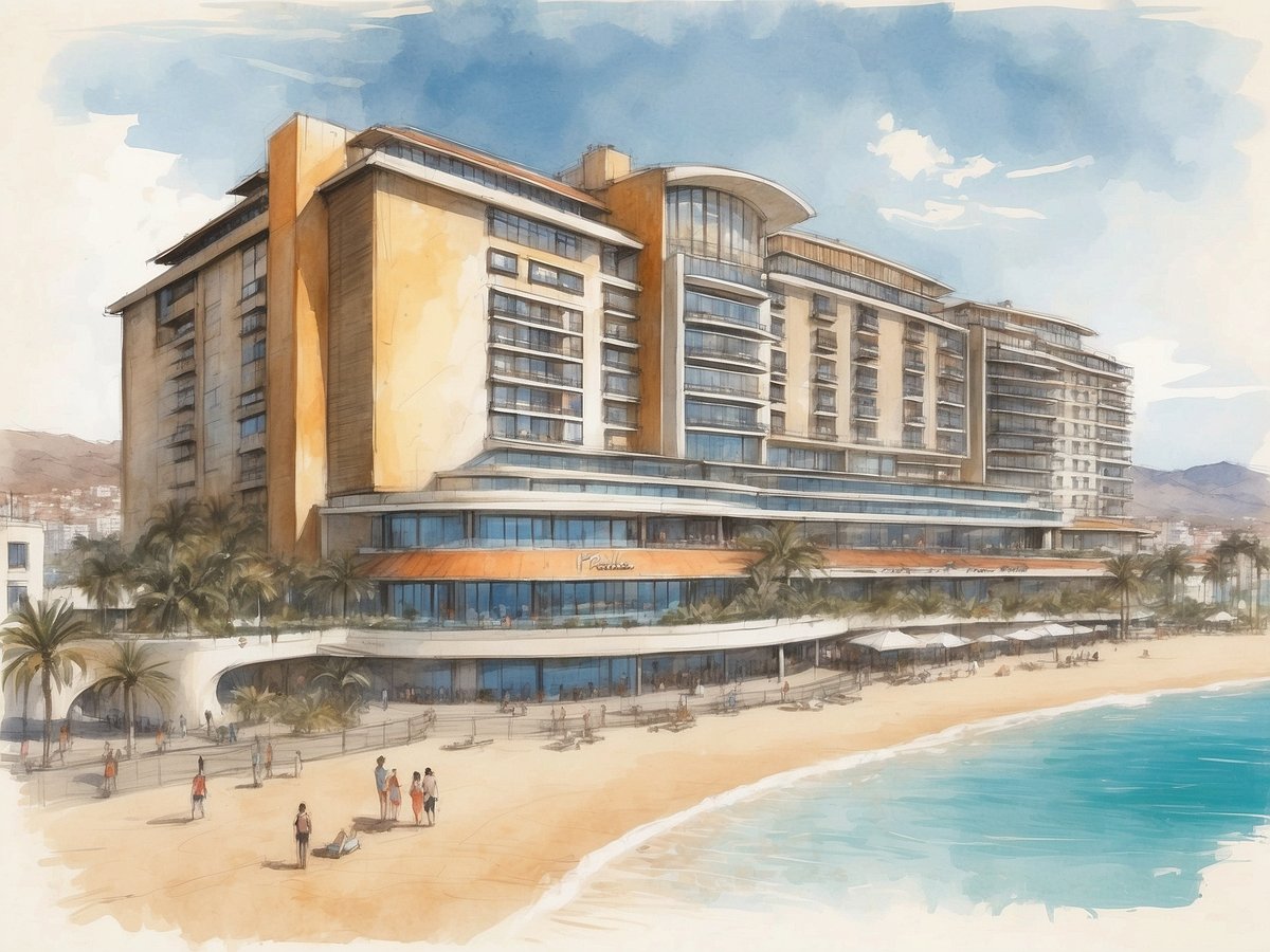 Das Bild zeigt das NH Hotels Las Palmas Playa Las Canteras in Spanien, ein modernes Hotelgebäude mit einer ansprechenden Architektur. Vor dem Hotel verläuft ein schöner Sandstrand, an dem sich einige Menschen aufhalten. Palmen umgeben den Bereich, während die sanften Wellen des Meeres im Vordergrund sichtbar sind. Der Himmel ist klar mit einigen Wolken, was eine einladende Atmosphäre schafft. Die Gestaltung vermittelt ein Gefühl von Erholung und einer entspannenden Urlaubsumgebung.