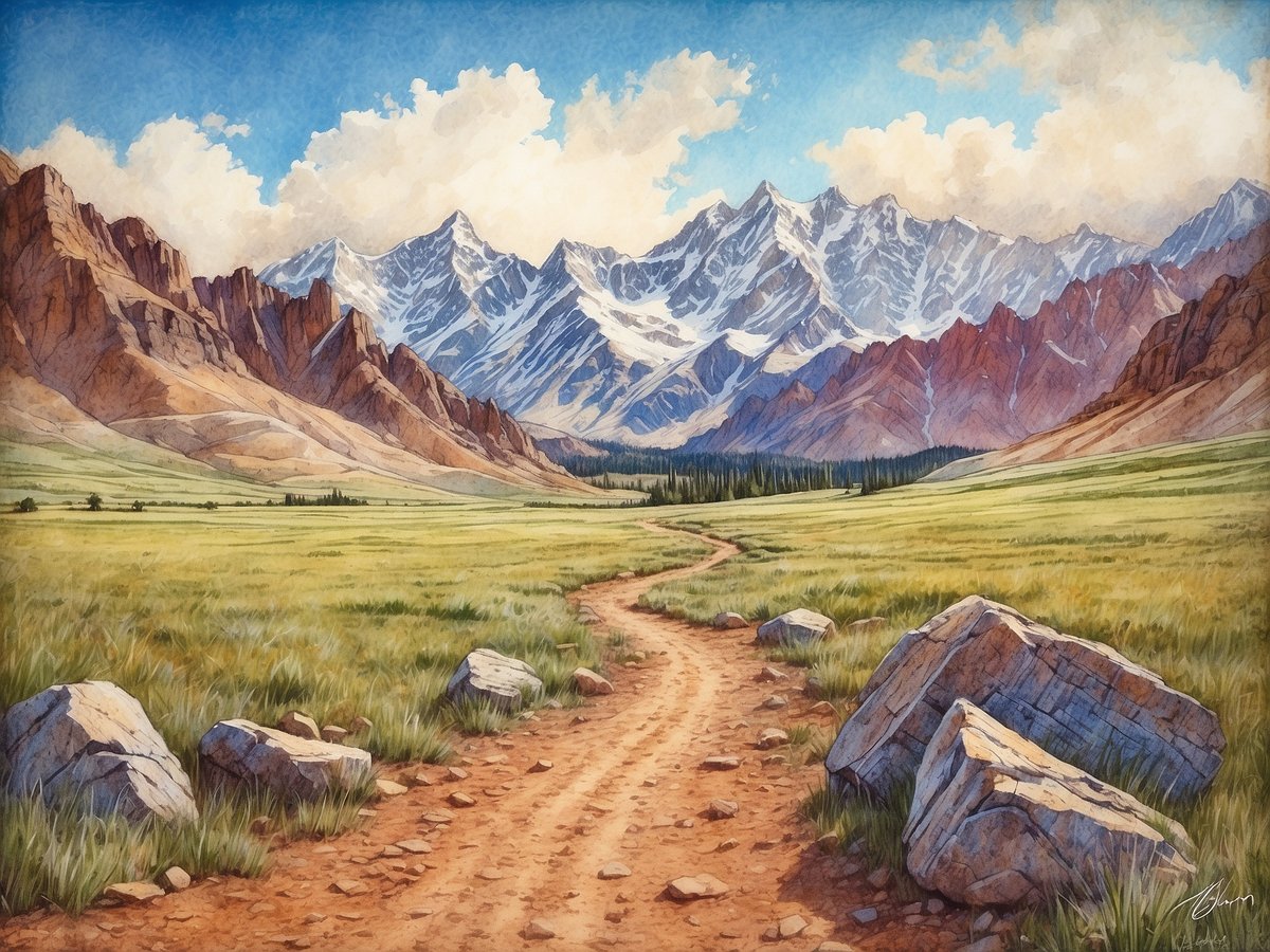 Ein weicher, gewundener Pfad erstreckt sich durch eine weite grüne Wiese, umgeben von großen, beeindruckenden Bergketten der Rocky Mountains. Die Berge sind mit schneebedeckten Gipfeln und steilen Felsen markiert, während ein strahlend blauer Himmel mit sanften, weißen Wolken darüber schwebt. In der Nähe des Pfades liegen einige große Steine, und im Hintergrund sind Nadelbäume sichtbar, die die Landschaft bereichern. Diese Szenerie könnte an beliebten Mountainbike-Strecken wie dem Monarch Crest Trail oder dem Keystone Bike Park erinnern, die Radfahrern atemberaubende Ausblicke und aufregende Trails bieten.