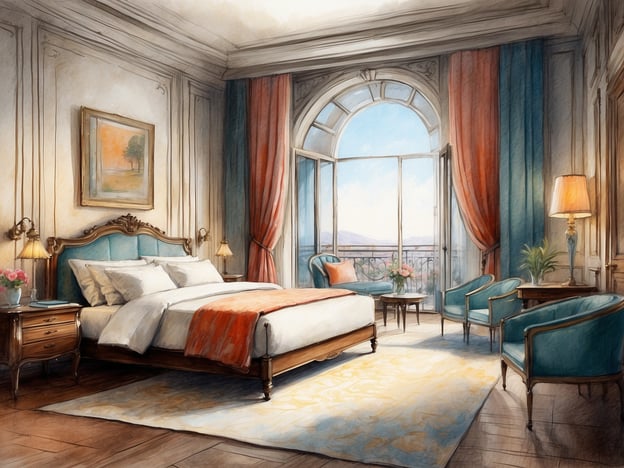 Auf dem Bild ist ein elegantes Schlafzimmer zu sehen. Es gibt ein großes Bett mit weißen Kissen und einer orangefarbenen Decke. Die Wände sind mit hellen Farben gestaltet, und große Fenster lassen viel Tageslicht herein. Es stehen zwei gemütliche Stühle und ein kleiner Tisch im Raum, der mit einer Blume dekoriert ist. Insgesamt wirkt der Raum sehr einladend und luxuriös, ideal für einen Aufenthalt in einer gehobenen Unterkunft.