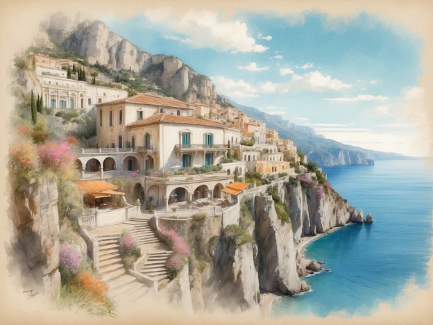 Auf dem Bild ist eine malerische Küstenlandschaft zu sehen, die an die Geschichte des Anantara Convento Di Amalfi Grand Hotel erinnert. Das Hotel befindet sich an der Amalfi-Küste in Italien, bekannt für seine beeindruckende Lage auf den Klippen mit Blick auf das Meer. 

Die Architektur spiegelt den Charme und die Traditionen der Region wider, mit terrassierten Gebäuden, Balkonen und üppigen Pflanzen. Das Hotel ist in einem ehemaligen Kloster untergebracht, dessen Geschichte bis ins 12. Jahrhundert zurückreicht. Die Kombination aus historischer Architektur und atemberaubenden Ausblicken macht das Anantara zu einem einzigartigen Ziel für Reisende, die Luxus und Kultur genießen möchten. 

Die Umgebung ist von steilen Klippen und dem glitzernden Wasser des Tyrrhenischen Meeres geprägt, was die Atmosphäre ideal für Entspannung und Erholung macht.