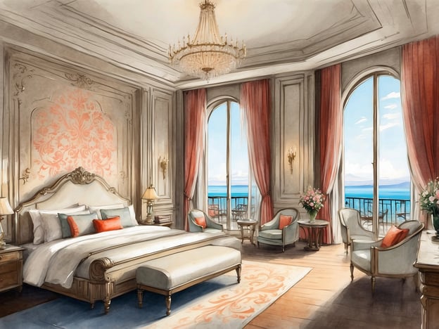 Auf dem Bild ist ein elegantes und luxuriöses Zimmer zu sehen, das an die Zimmer und Suiten im Anantara Grand Hotel Krasnapolsky erinnert. Der Raum ist großzügig gestaltet mit hohen Decken, einem opulenten Kronleuchter und stilvollen Möbeln. Ein großes Bett steht im Mittelpunkt, flankiert von Nachttischen und Lampen. Die Fenster bieten einen Blick auf eine schöne Aussicht, und die hellen Vorhänge verleihen dem Raum eine freundliche Atmosphäre. Es gibt auch einen kleinen Sitzbereich mit bequemen Stühlen und einem Tisch, was zum Entspannen einlädt. Die Farbpalette und die dekorativen Elemente unterstreichen den luxuriösen Charakter, der typisch für die Suiten dieses renommierten Hotels ist.