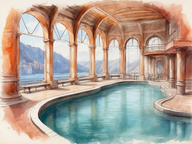 Auf dem Bild ist ein eleganter, architektonisch ansprechender Raum mit einem Pool zu sehen, der von großen Fenstern umgeben ist. Die Aussicht auf die umliegenden Berge und das Wasser erinnert an die traumhaften Thermalbäder in Ungarn, wie die berühmten Széchenyi- oder Gellért-Bäder in Budapest. Diese Orte bieten nicht nur entspannende Thermalbäder, sondern auch historische Atmosphäre und kulturelle Erlebnisse, die den Aufenthalt zu einem einzigartigen Erlebnis machen. Die Mischung aus architektonischer Schönheit und Natur schafft eine perfekte Kulisse für Erholung und Wellness.