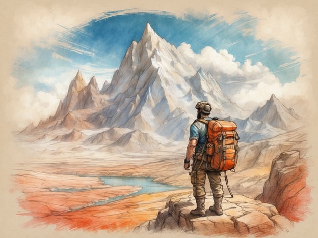 Auf dem Bild ist ein Wanderer zu sehen, der vor einer majestätischen Berglandschaft steht. Er trägt einen großen, orangefarbenen Rucksack und blickt auf die hohen Berge, die in den Himmel ragen. Im Hintergrund sind Wolken zu sehen, die den Himmel auflockern, während ein ruhiger Fluss durch die karge Landschaft fließt. Die Umgebung wirkt majestätisch und einladend, was den Eindruck vermittelt, dass der Wanderer bereit ist, die Natur zu erkunden und die Schönheit dieser abgelegenen Gegend zu erleben.