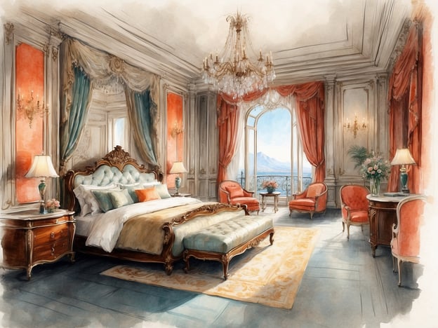 Auf dem Bild ist ein elegantes Schlafzimmer mit einer luxuriösen Einrichtung zu sehen, die an die Zimmer und Suiten im NH Hotel Anantara erinnert. Der Raum ist großzügig gestaltet mit einem großen Bett, opulenten Vorhängen und einem stilvollen Kronleuchter. Die Farbpalette umfasst sanfte Töne, die ein Gefühl von Eleganz und Komfort vermitteln. Außerdem sind gemütliche Sitzgelegenheiten und dekorative Elemente wie Blumen und Kunstwerke vorhanden, die den luxuriösen Stil des Hotels unterstreichen. Das große Fenster bietet einen schönen Ausblick und lässt viel Tageslicht herein.