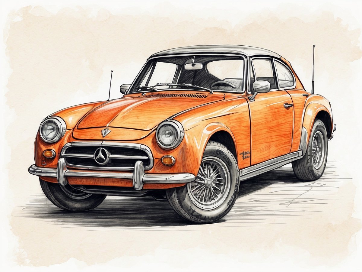Auf dem Bild ist ein klassisches orangefarbenes Auto mit einer sportlichen Karosserie zu sehen. Das Fahrzeug hat runde Scheinwerfer, eine markante Frontpartie und eine elegante Linienführung. Die Felgen sind mit einem aufwendigen Muster gestaltet. Die Karosserie hat einen zweifarbigen Effekt mit einfarbigen Teilen und einem schwarzen Dach. Das Auto steht auf einer neutralen Oberfläche, die Kontraste zur Farbgebung schafft. Im Hintergrund ist eine helle, verschwommene Textur, die das Fahrzeug hervorhebt.