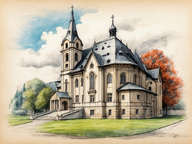 Auf dem Bild ist eine im historistischen Stil entworfene Kirche oder Kapelle zu sehen, die sich elegant in eine landwirtschaftliche Umgebung einfügt. Diese Art von Bauwerken findet man oft in deutschen Dörfern, ähnlich wie in der Geschichte von Struppen. Struppen, ein kleines Dorf in Sachsen, zeichnet sich durch seine malerischen Landschaften und historischen Gebäude aus. 

Die dargestellte Kirche hat eine detaillierte Architektur mit Türmen und einem schönen Dach, das typisch für den neogotischen Stil ist. Sie könnte ein wichtiges Zentrum für die Gemeinschaft sein, ähnliche wie die Kirche in Struppen, die oft als Ort der Versammlung und des Glaubens fungiert. Die Umgebung mit Bäumen und einer Wiese vermittelt eine ruhige, idyllische Atmosphäre, die zum historischen Charakter des Ortes passt.