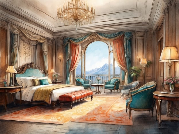 Auf dem Bild ist eine luxuriöse Suite zu sehen, die durch eine elegante und opulente Einrichtung besticht. Ein großes, geschmackvoll dekoriertes Bett steht im Mittelpunkt des Raumes, umgeben von stilvollen Möbeln wie Tischchen und gemütlichen Sesseln. Die Fenster bieten einen atemberaubenden Blick auf eine malerische Landschaft mit Bergen im Hintergrund. Lichtdurchlässige Vorhänge und ein prachtvoller Kronleuchter verleihen der Unterkunft eine warme und einladende Atmosphäre, während der Teppich und die Dekorationen zur luxuriösen Ausstrahlung beitragen.