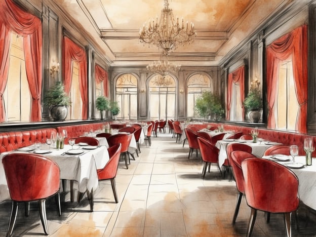 Auf dem Bild ist ein elegantes Restaurant zu sehen. Die Einrichtung ist stilvoll, mit roten Samtstühlen und weißen Tischdecken, die eine gehobene Atmosphäre schaffen. An den Wänden hängen rote Vorhänge, und der Raum ist von einem Kronleuchter beleuchtet, was für eine gemütliche und feierliche Stimmung sorgt. Grüner Pflanzen schmücken das Ambiente und es scheinen Tische für mehrere Gäste vorbereitet zu sein. Das gesamte Design vermittelt ein Gefühl von Luxus und Gastfreundschaft, typisch für fine dining Restaurants.