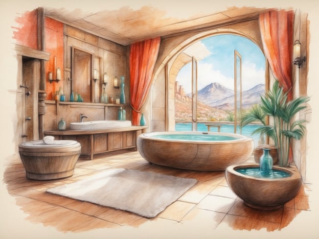 Auf dem Bild ist ein elegantes Badezimmer mit einem traumhaften Blick auf die Natur zu sehen. Das Badezimmer bietet verschiedene Freizeit- und Wellnessangebote wie ein großes, einladendes Badewanne und eine moderne Dusche. Die großen Fenster lassen viel Licht hinein und eröffnen einen herrlichen Ausblick auf Berge und Wasser, was zu einem entspannenden Ambiente beiträgt. Ergänzt wird die Wohlfühlatmosphäre durch Pflanzen, Dekorationen und einen flauschigen Teppich, die eine perfekte Umgebung für Erholung und Entspannung schaffen.