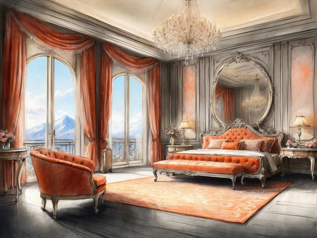 Auf dem Bild ist ein elegantes Zimmer zu sehen, das als Suite gestaltet ist. Es gibt große Fenster mit traumhaftem Ausblick auf Berge, die von schweren, orangen Vorhängen umrahmt werden. In der Suite befindet sich ein opulentes Bett mit passenden Kissen und ein stilvolles Sofa in derselben Farbe. Neben dem Bett stehen Nachttische mit Lampen und frischen Blumen. Der Raum strahlt Luxus und Komfort aus. Ein großer Spiegel und ein Kristalllüster setzen zusätzliche Akzente im Design.