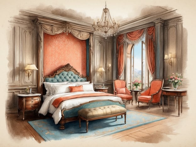 Auf dem Bild ist ein elegantes Schlafzimmer zu sehen, das mit luxuriösen Annehmlichkeiten und Details gestaltet ist. Die hellen Wände und der opulente Bettkopf, gepaart mit einer stilvollen Bettwäsche, schaffen eine einladende Atmosphäre. 

Die beiden roten Sessel laden zum Entspannen ein und sind ideal für einen gemütlichen Lesemoment. Ein kleiner Tisch neben dem Bett bietet Platz für persönliche Gegenstände oder einen Drink. 

Das große Fenster lässt viel Tageslicht herein und eröffnet einen wunderbaren Ausblick auf die umliegende Landschaft. Die dekorativen Vorhänge und der Kronleuchter verleihen dem Raum zusätzlichen Glanz. 

Insgesamt strahlt dieser Raum Komfort und Raffinesse aus, ideal für eine entspannende Auszeit.